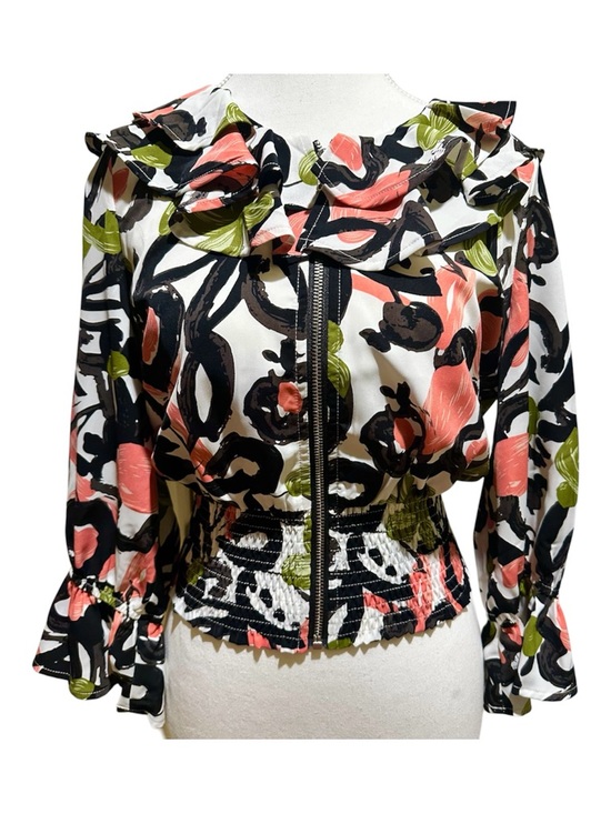 Gracia Tops - Gracia White Floral Zip-Front Ruffle Blouse with Coral, Black and Green Accents